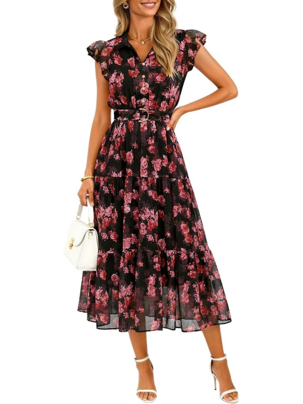 Women's Red Short Sleeve Button Down Casual Floral Imported MIDI Dress